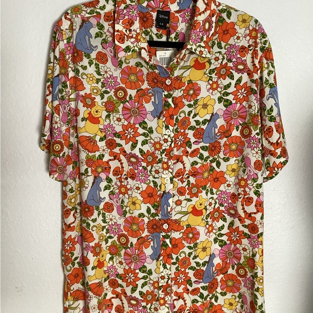Disney Winnie The Pooh Floral Girls Woven Button-Up Size L